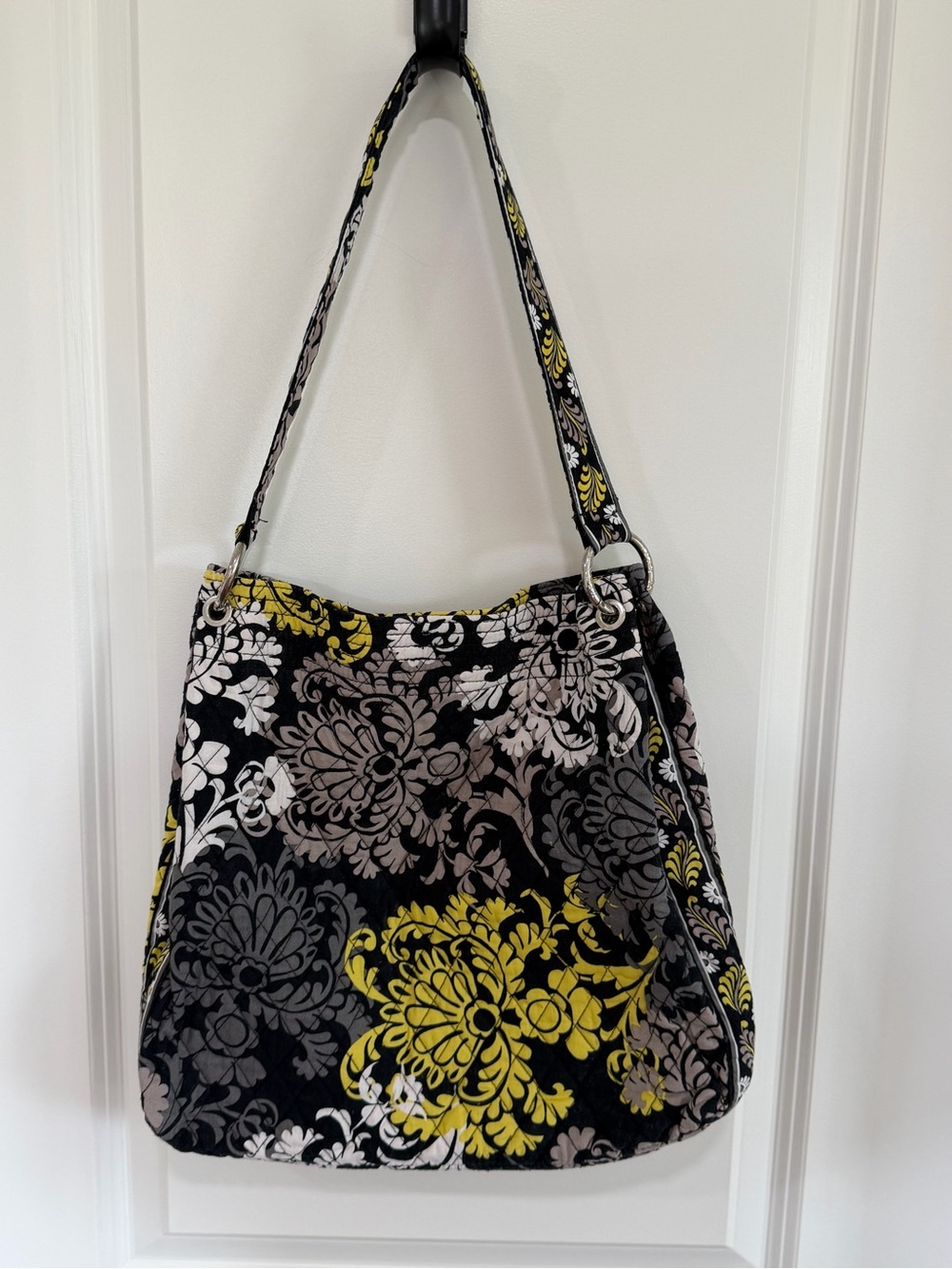 Vera Bradley Floral Shoulder Bag Purse Black Yellow Gray Quilted